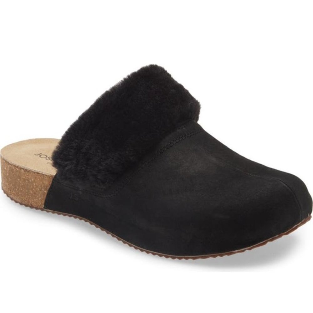 Josef Seibel Tonga 68 Leather Clogs Faux Fur Slip On Black Size 37 US 6 -6.5 NEW